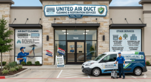 United Air Duct Cleaning And Restoration Services office building in Katy, Texas with service van parked outside