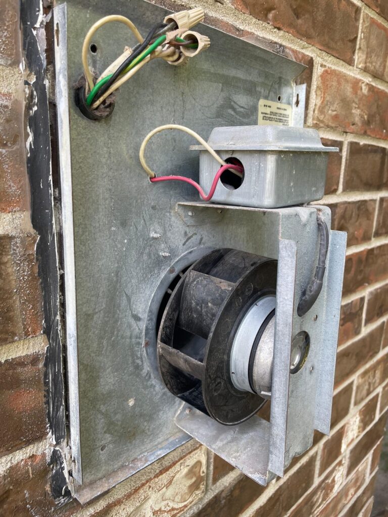 Exterior dryer booster fan cleared of lint after dryer vent cleaning in Brookshire, TX 77423